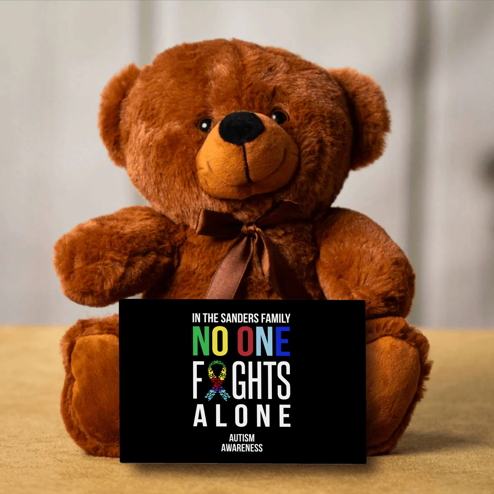 In This Family No One Fights Alone Autism Teddy Bear -Personalized -PRICE INCLUDES FREE SHIPPING