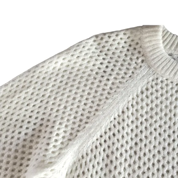 JOIE Cream Wool/Alpaca Blend Open Knit Crew Neck Boxy Balloon Sleeve Sweater M