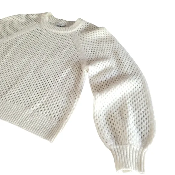 JOIE Cream Wool/Alpaca Blend Open Knit Crew Neck Boxy Balloon Sleeve Sweater M