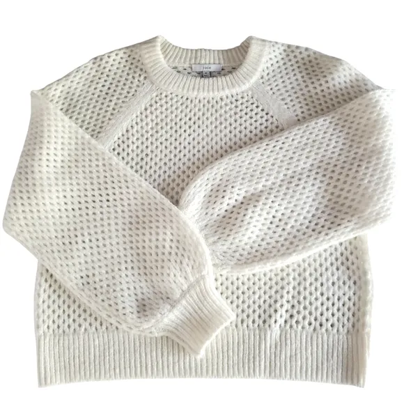 JOIE Cream Wool/Alpaca Blend Open Knit Crew Neck Boxy Balloon Sleeve Sweater M