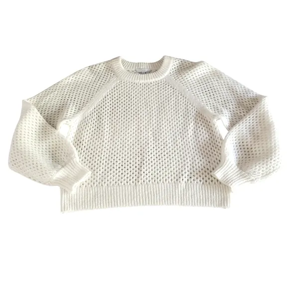 JOIE Cream Wool/Alpaca Blend Open Knit Crew Neck Boxy Balloon Sleeve Sweater M