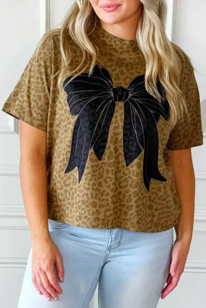 Khaki Bow Leopard Boxy Fit Crew Neck Tee