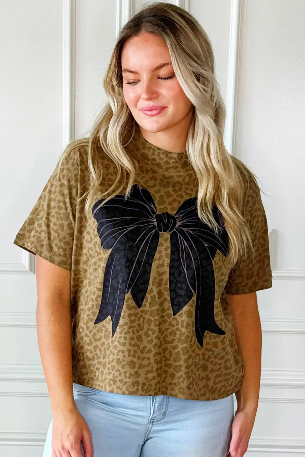Khaki Bow Leopard Boxy Fit Crew Neck Tee
