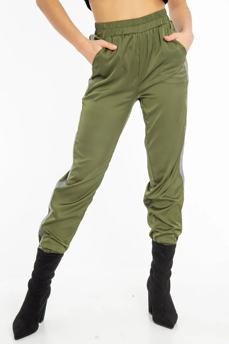 Khaki Reflective Stripe Detail Joggers - Rosealee