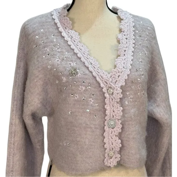 Kimchi Blue Madeline Embellished Cropped Cardigan Lilac size Large