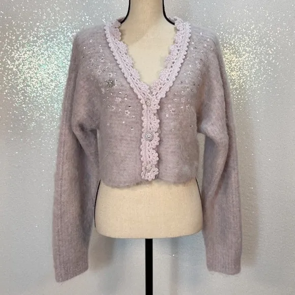 Kimchi Blue Madeline Embellished Cropped Cardigan Lilac size Large