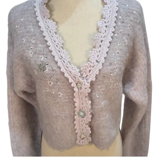 Kimchi Blue Madeline Embellished Cropped Cardigan Lilac size Large