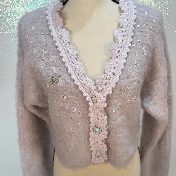Kimchi Blue Madeline Embellished Cropped Cardigan Lilac size Large