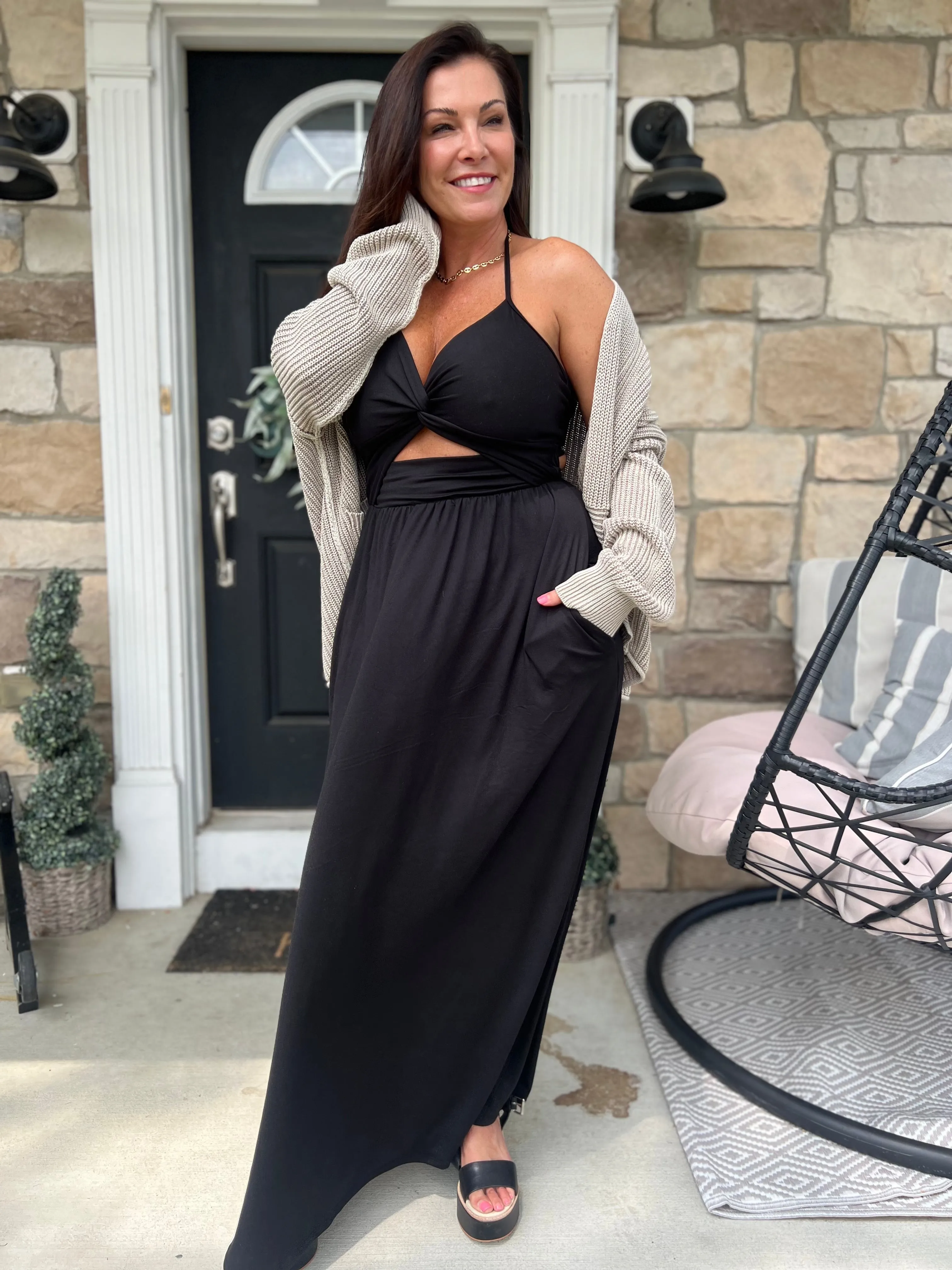 Knotted Tank Dress- Black Solid