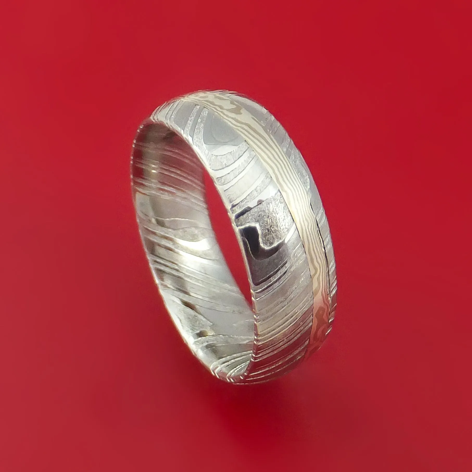 Kuro Damascus Steel Ring with Palladium and Sterling Silver Mokume Gane Inlay Custom Made Band