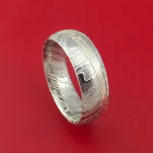 Kuro Damascus Steel Ring with Palladium and Sterling Silver Mokume Gane Inlay Custom Made Band