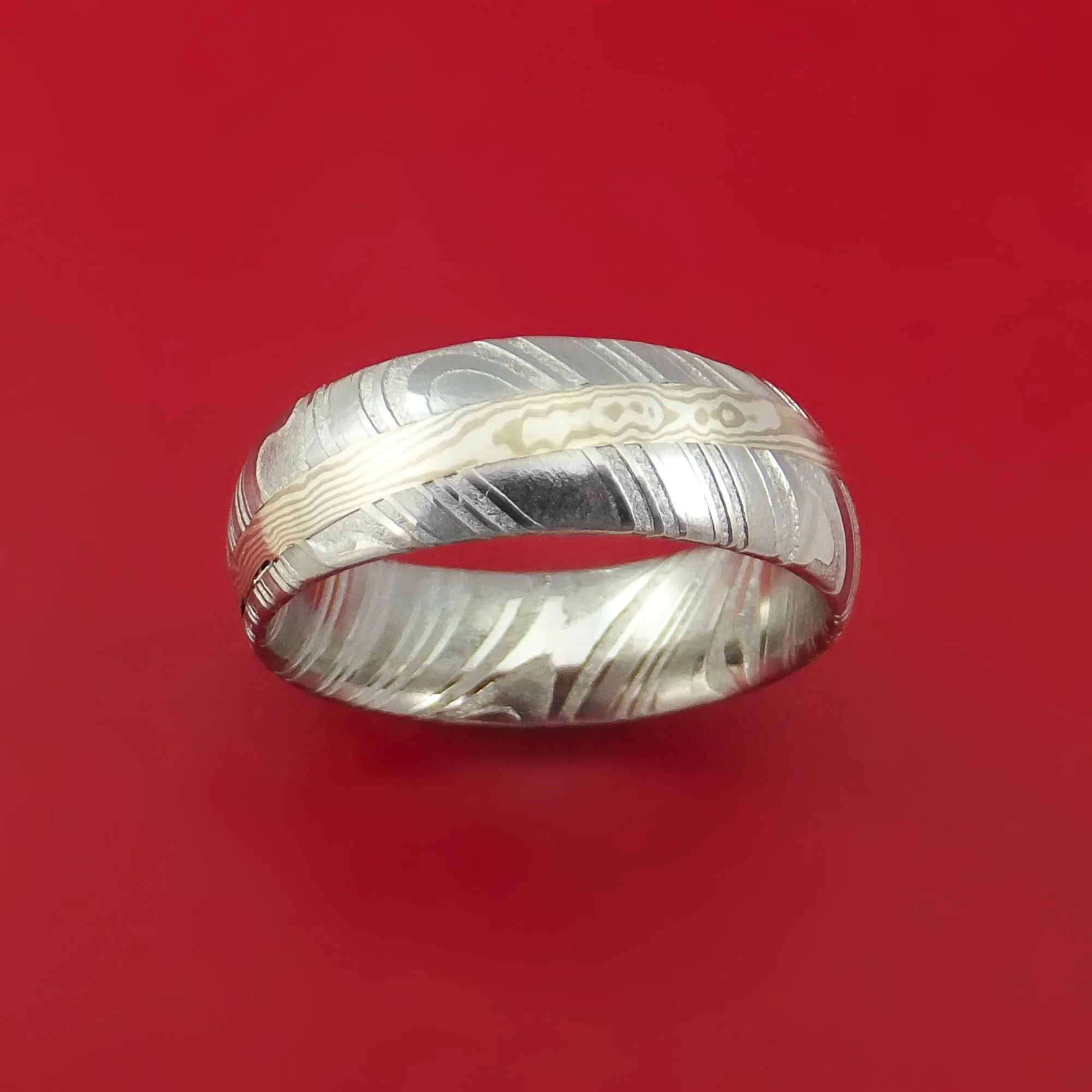 Kuro Damascus Steel Ring with Palladium and Sterling Silver Mokume Gane Inlay Custom Made Band