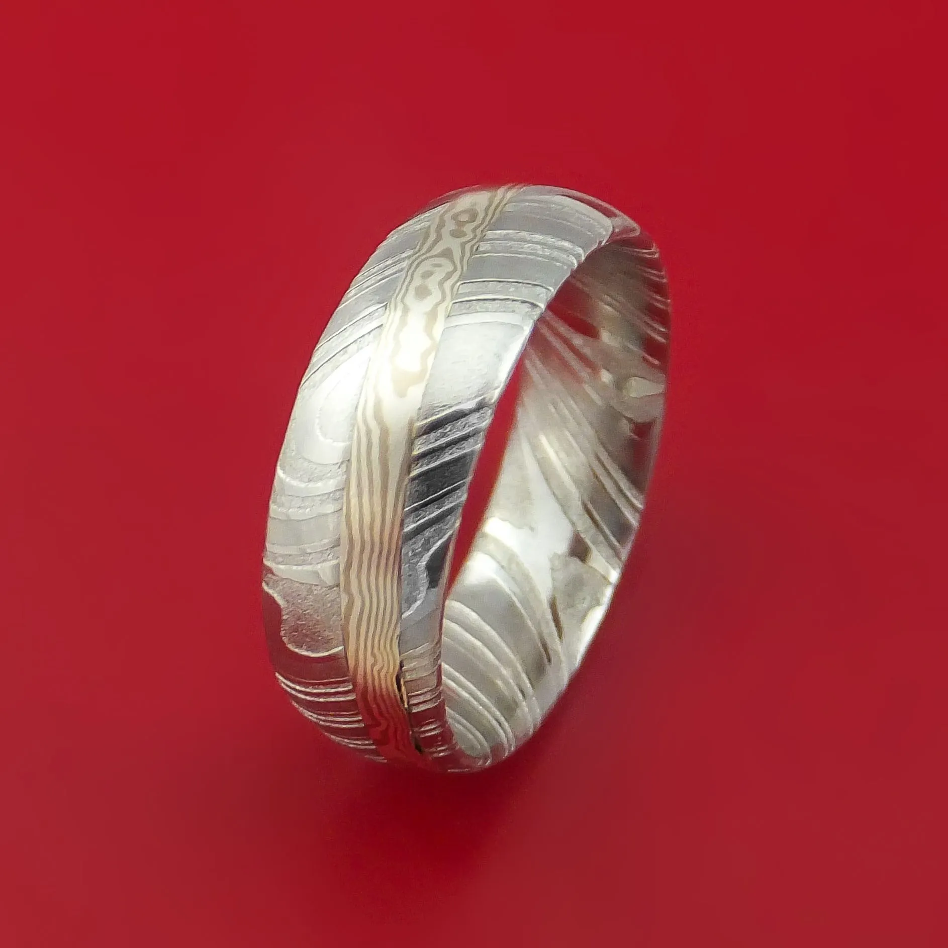 Kuro Damascus Steel Ring with Palladium and Sterling Silver Mokume Gane Inlay Custom Made Band