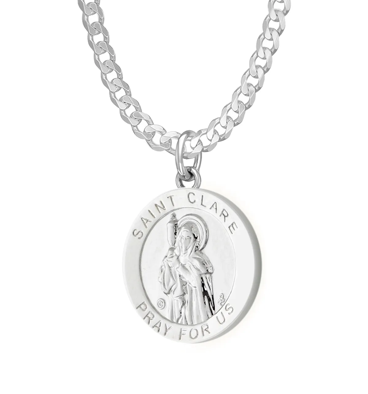 Ladies 925 Sterling Silver 18.5mm Polished  Saint Clare Medal Pendant Necklace
