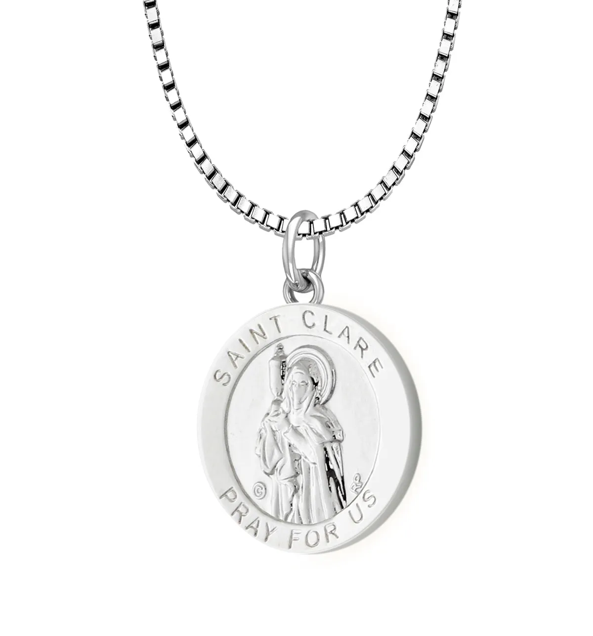 Ladies 925 Sterling Silver 18.5mm Polished  Saint Clare Medal Pendant Necklace