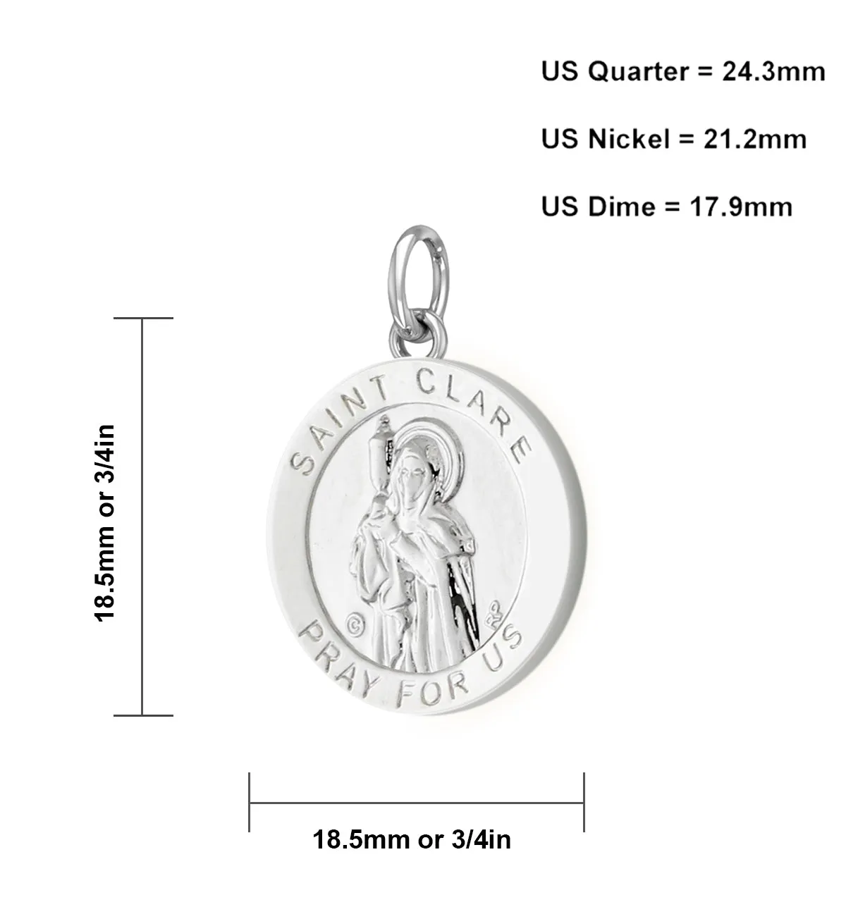 Ladies 925 Sterling Silver 18.5mm Polished  Saint Clare Medal Pendant Necklace