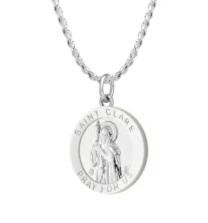 Ladies 925 Sterling Silver 18.5mm Polished  Saint Clare Medal Pendant Necklace
