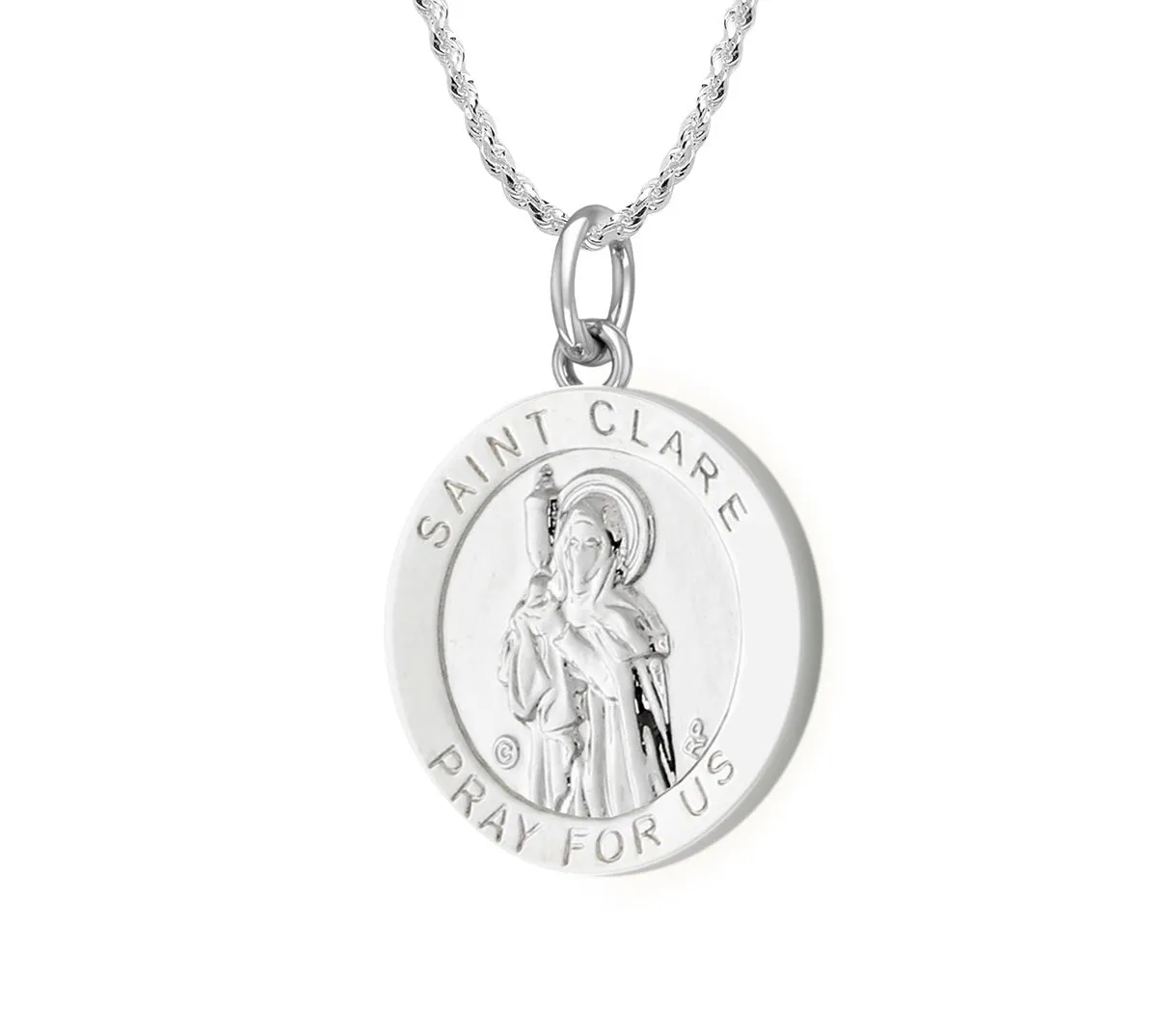 Ladies 925 Sterling Silver 18.5mm Polished  Saint Clare Medal Pendant Necklace