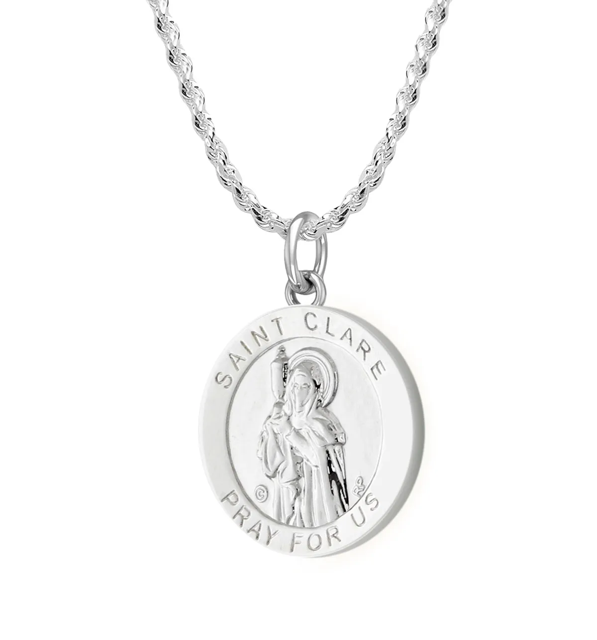 Ladies 925 Sterling Silver 18.5mm Polished  Saint Clare Medal Pendant Necklace