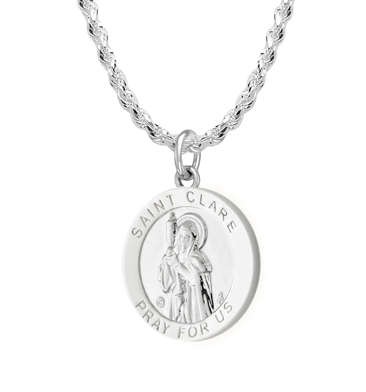 Ladies 925 Sterling Silver 18.5mm Polished  Saint Clare Medal Pendant Necklace