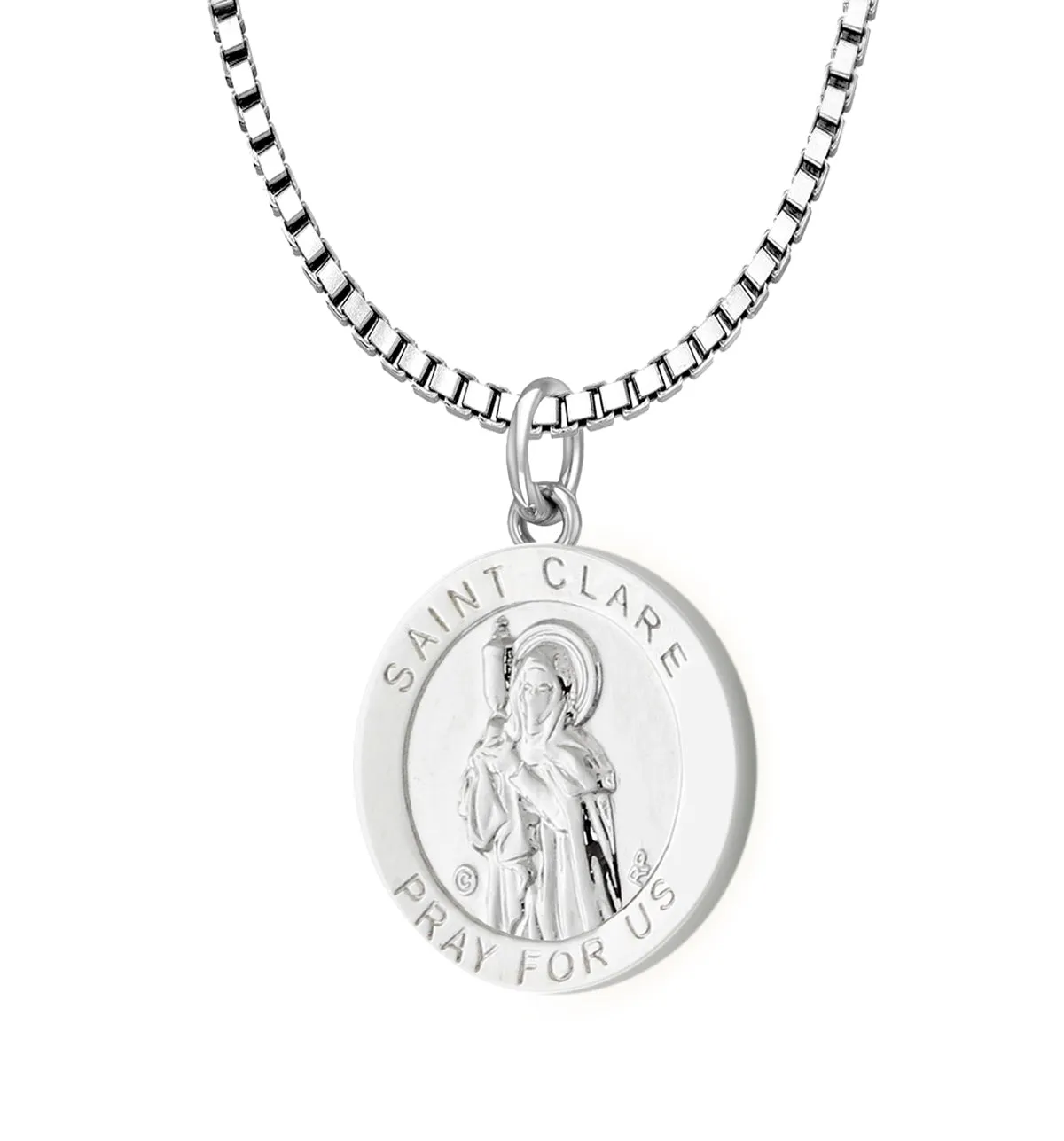 Ladies 925 Sterling Silver 18.5mm Polished  Saint Clare Medal Pendant Necklace