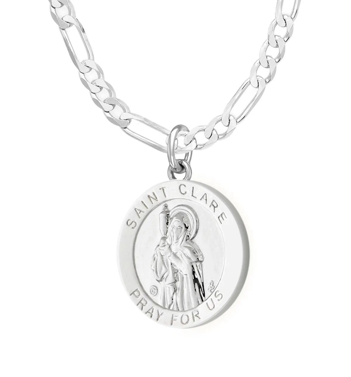 Ladies 925 Sterling Silver 18.5mm Polished  Saint Clare Medal Pendant Necklace