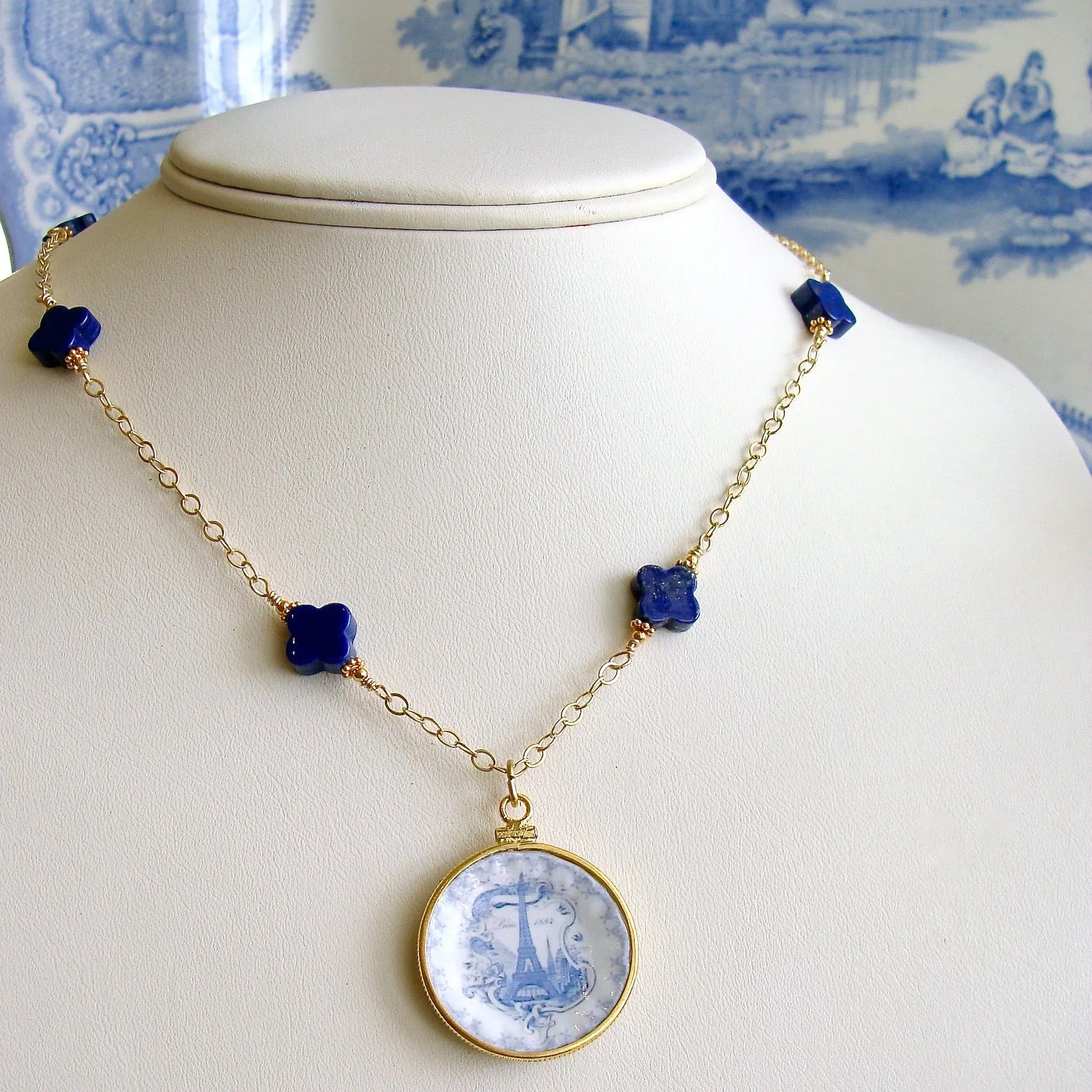 Lapis Lazuli Blue White Miniature Plate Necklace - China Doll Petite Necklace