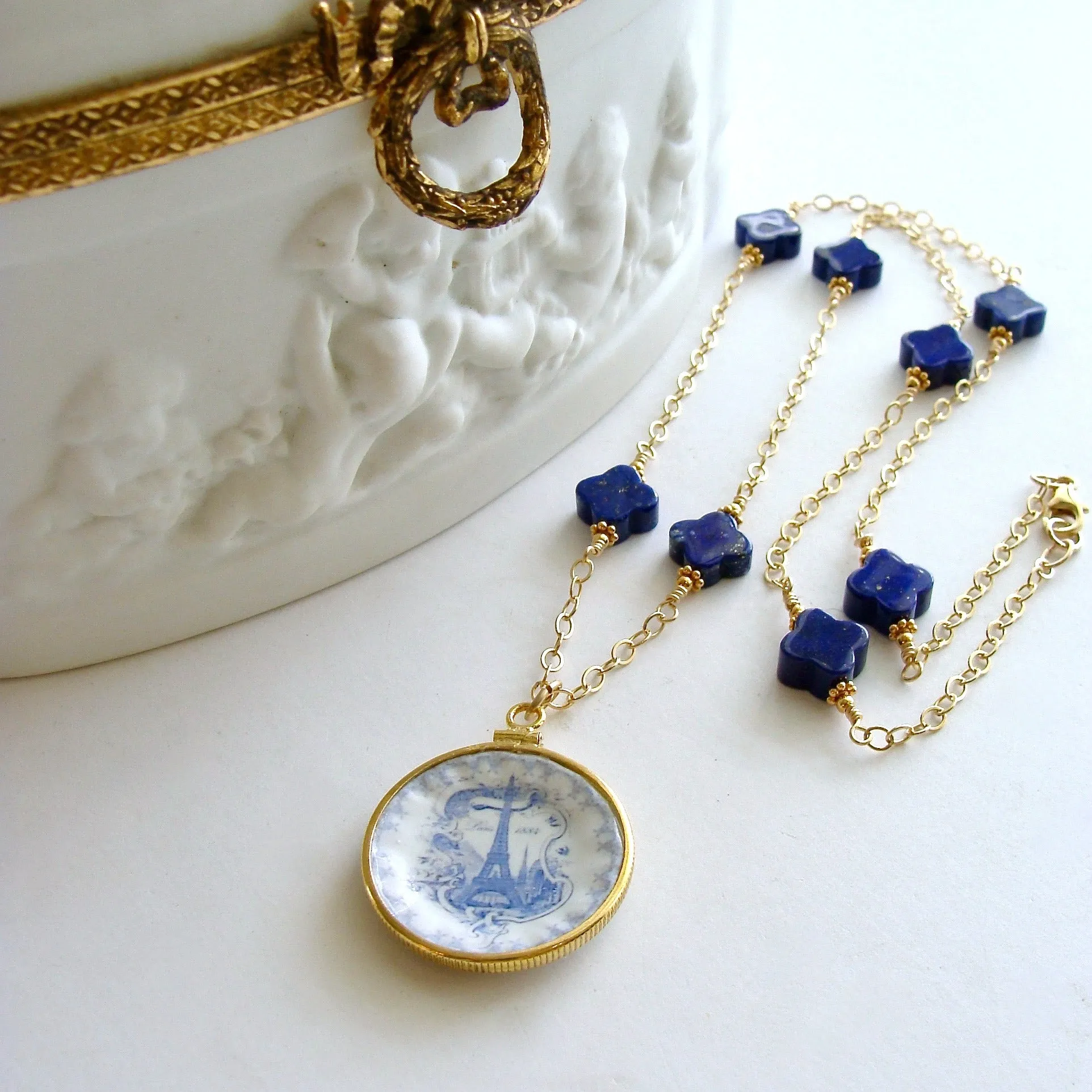 Lapis Lazuli Blue White Miniature Plate Necklace - China Doll Petite Necklace