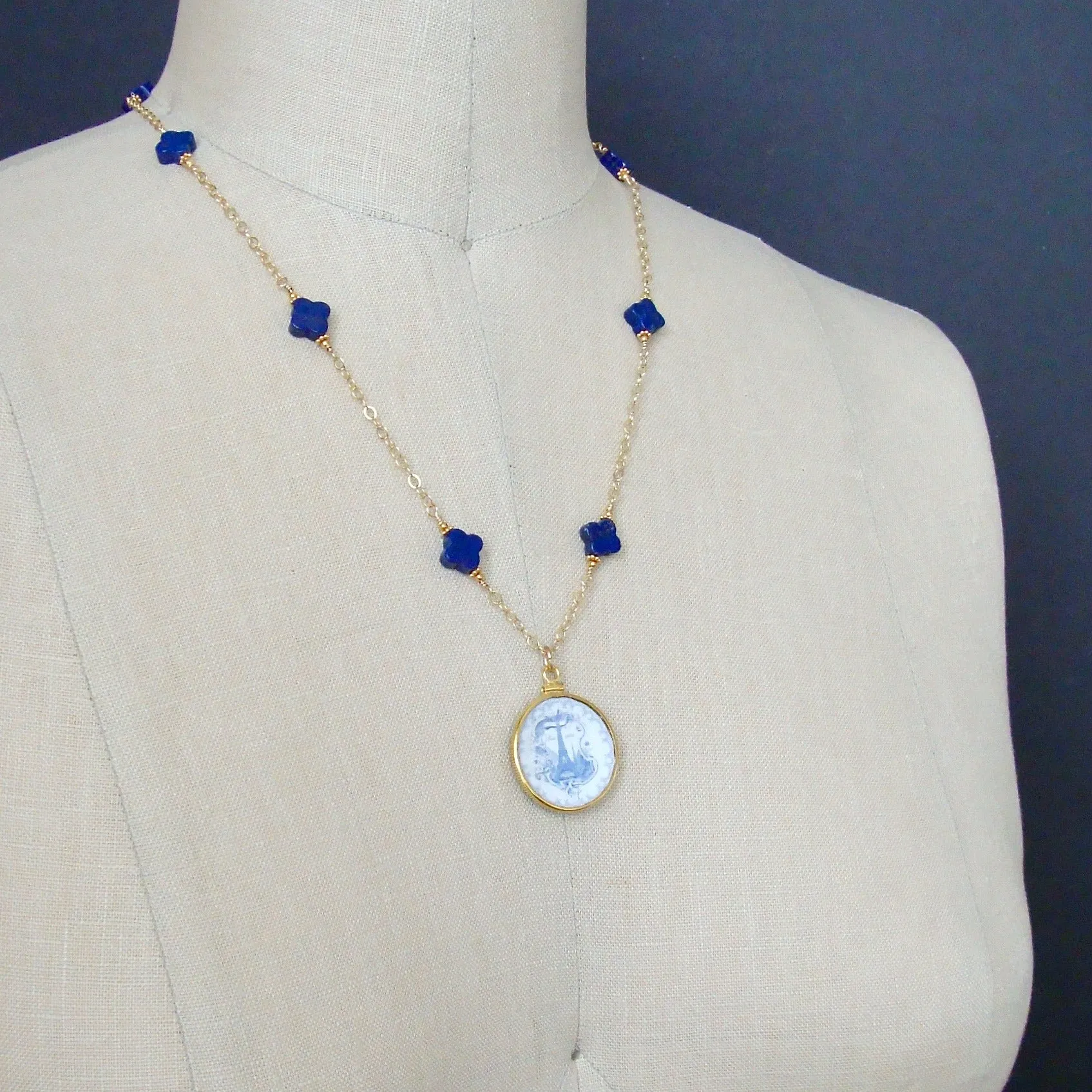 Lapis Lazuli Blue White Miniature Plate Necklace - China Doll Petite Necklace