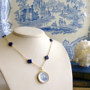 Lapis Lazuli Blue White Miniature Plate Necklace - China Doll Petite Necklace