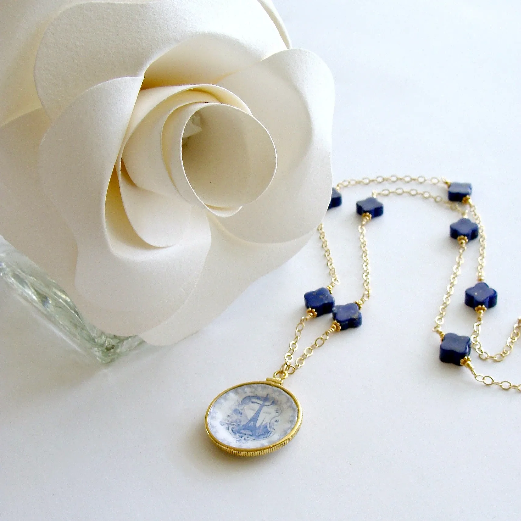 Lapis Lazuli Blue White Miniature Plate Necklace - China Doll Petite Necklace