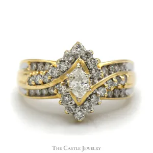 Marquise Cut Diamond Ring with Diamond Halo in 14k Yellow Gold Bypass Mounting