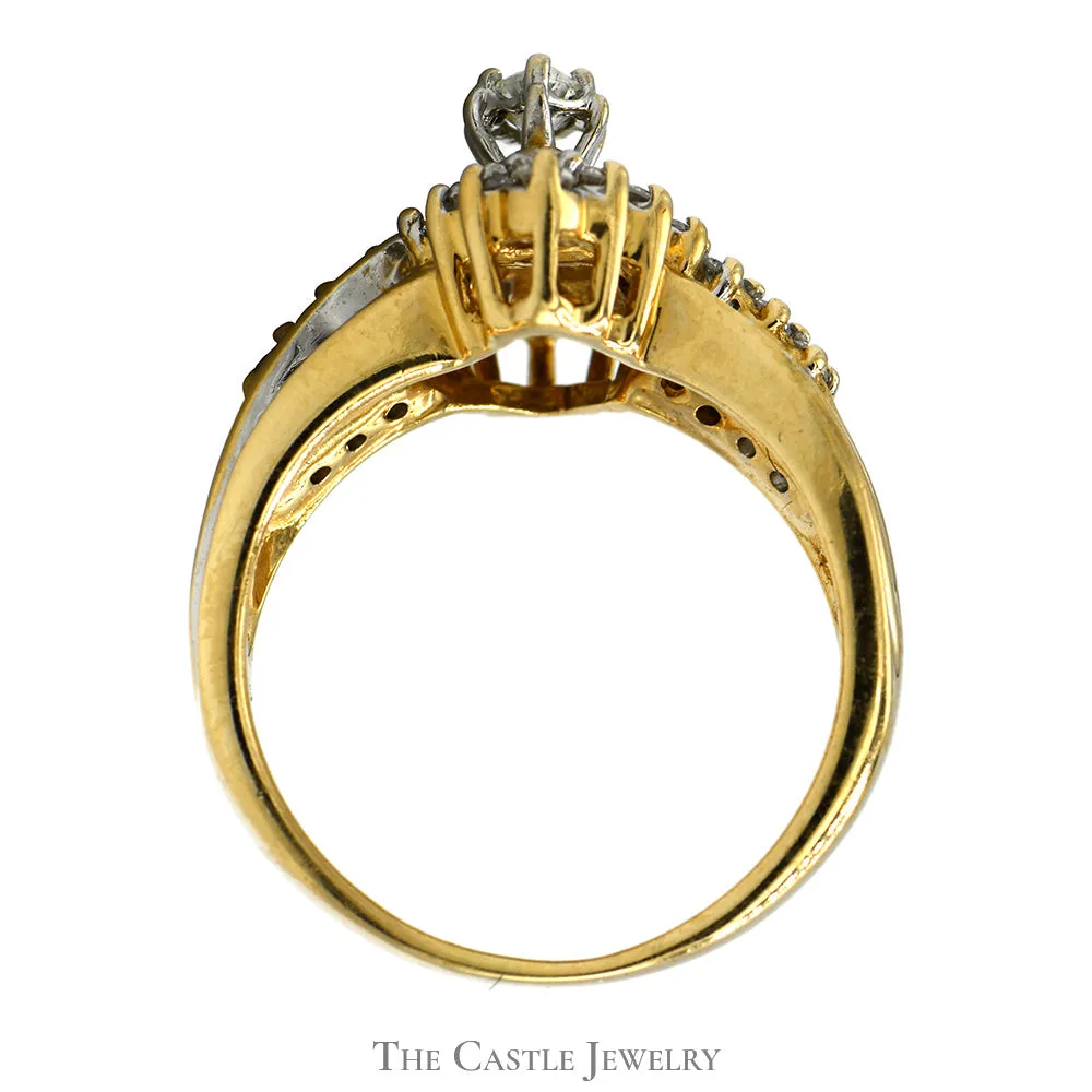 Marquise Cut Diamond Ring with Diamond Halo in 14k Yellow Gold Bypass Mounting