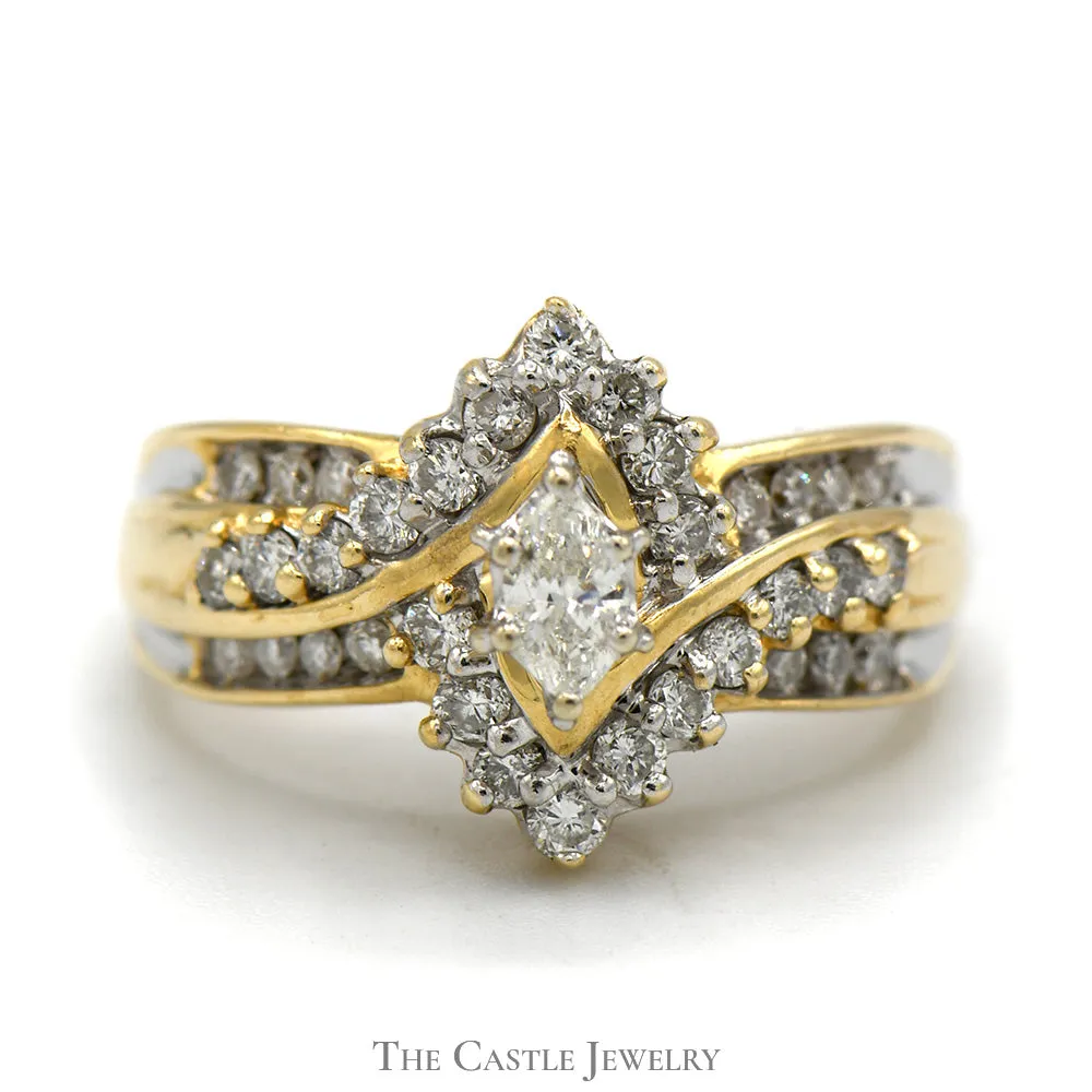 Marquise Cut Diamond Ring with Diamond Halo in 14k Yellow Gold Bypass Mounting