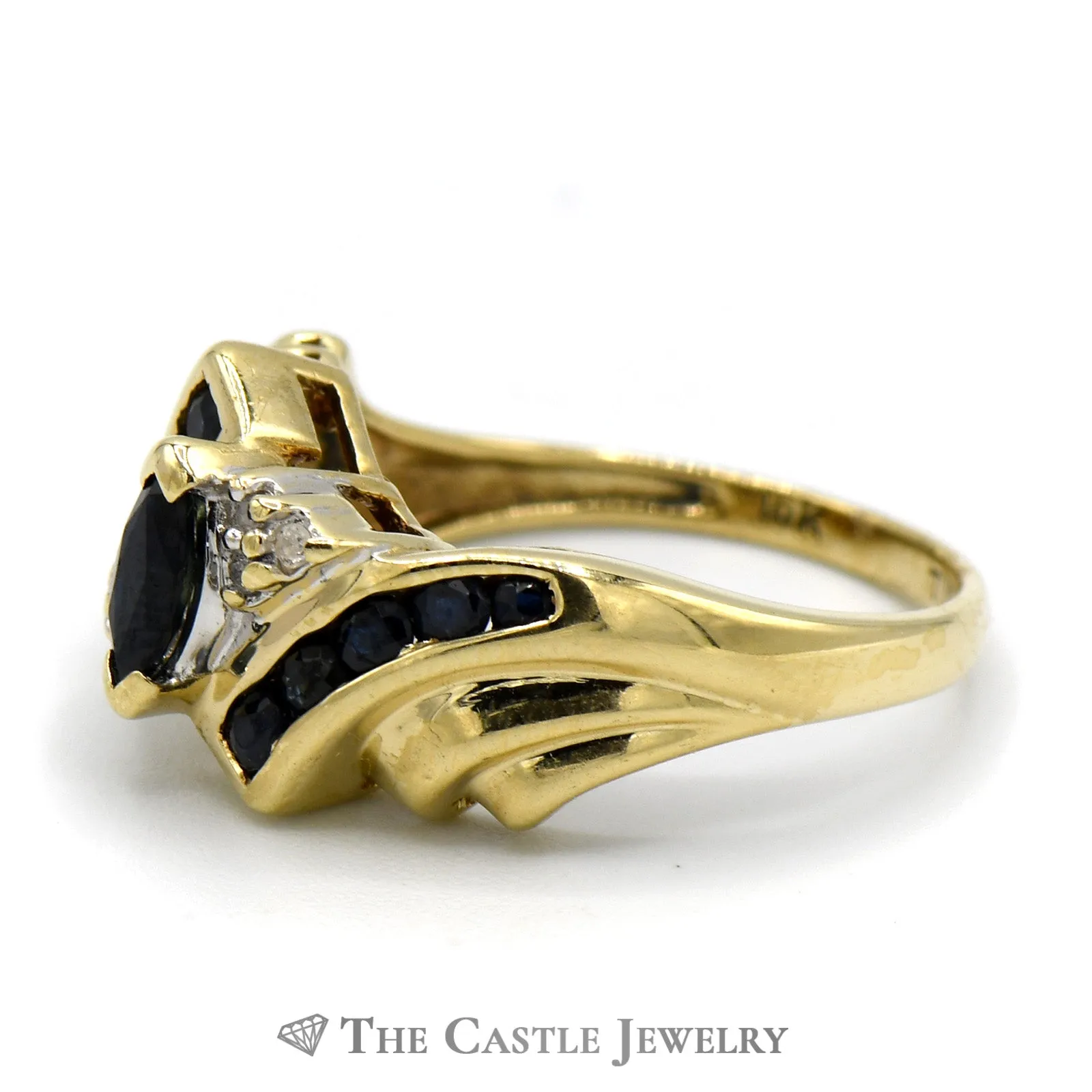 Marquise Cut Sapphire Ring with Round Diamond and Sapphire Accents in 10k Yellow Gold