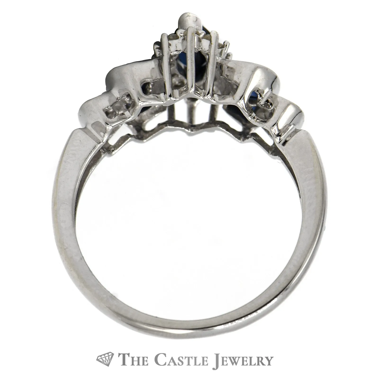 Marquise Cut Synthetic Sapphire Ring with Channel Set Synthetic Sapphire and Diamond Accents in 14k White Gold