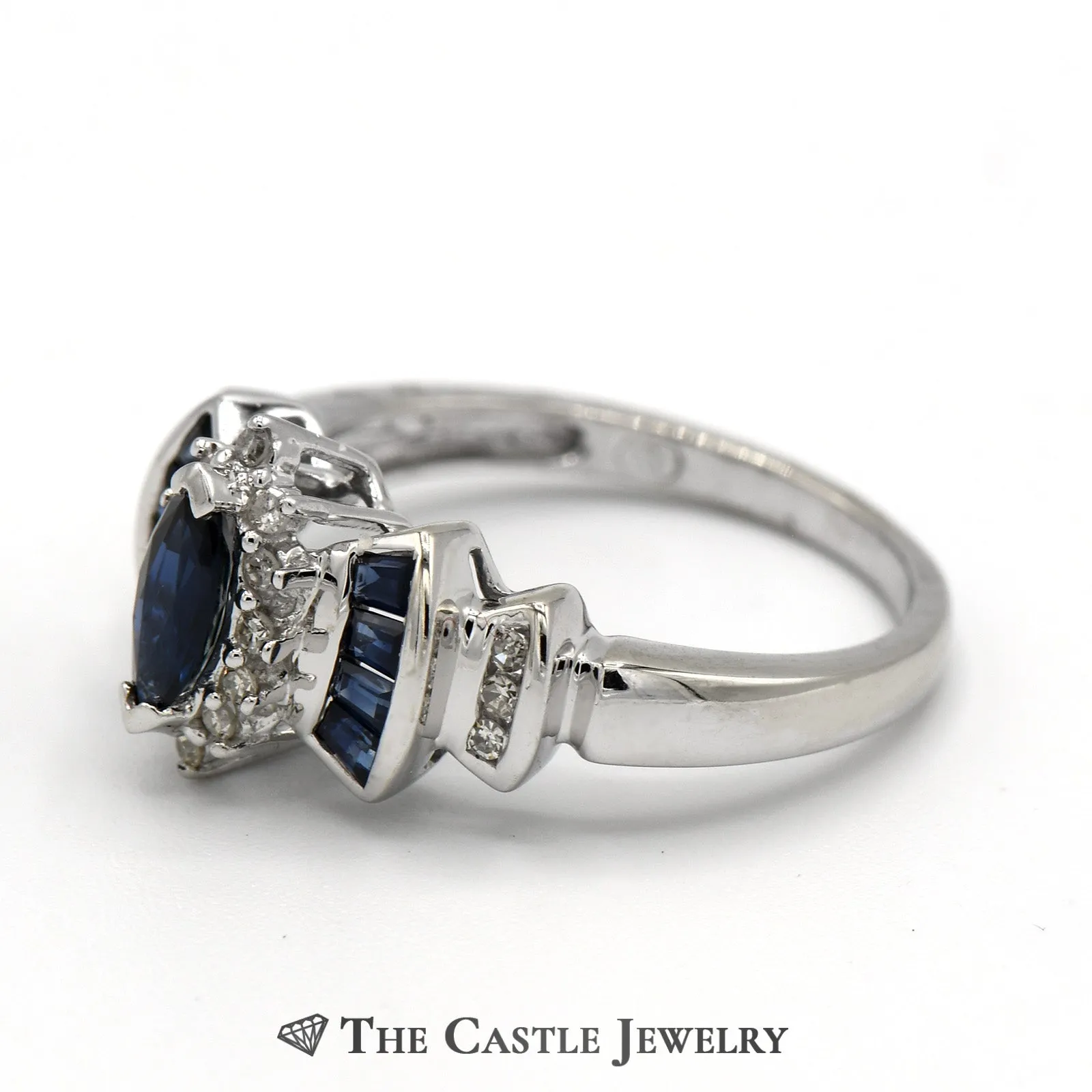 Marquise Cut Synthetic Sapphire Ring with Channel Set Synthetic Sapphire and Diamond Accents in 14k White Gold