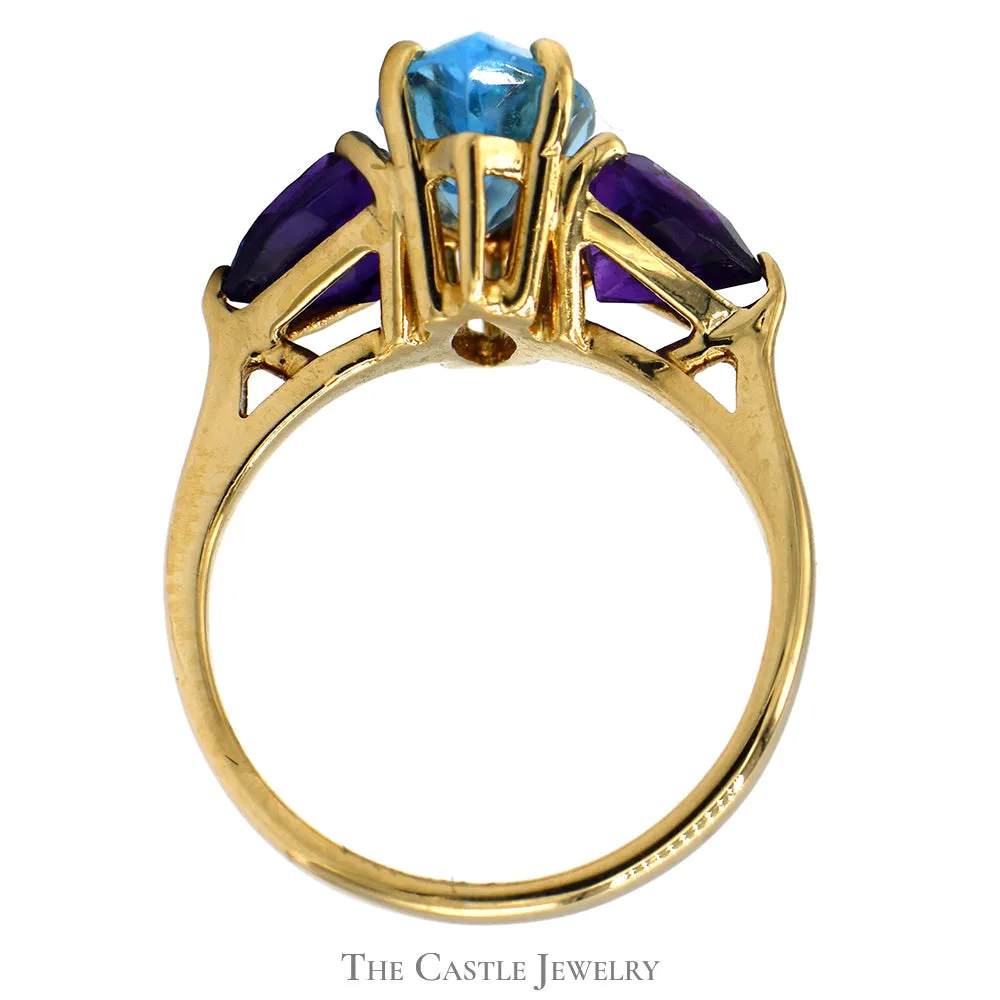 Marquise Shaped Blue Topaz Ring with Trillion Cut Amethyst Accents in 14k Yellow Gold