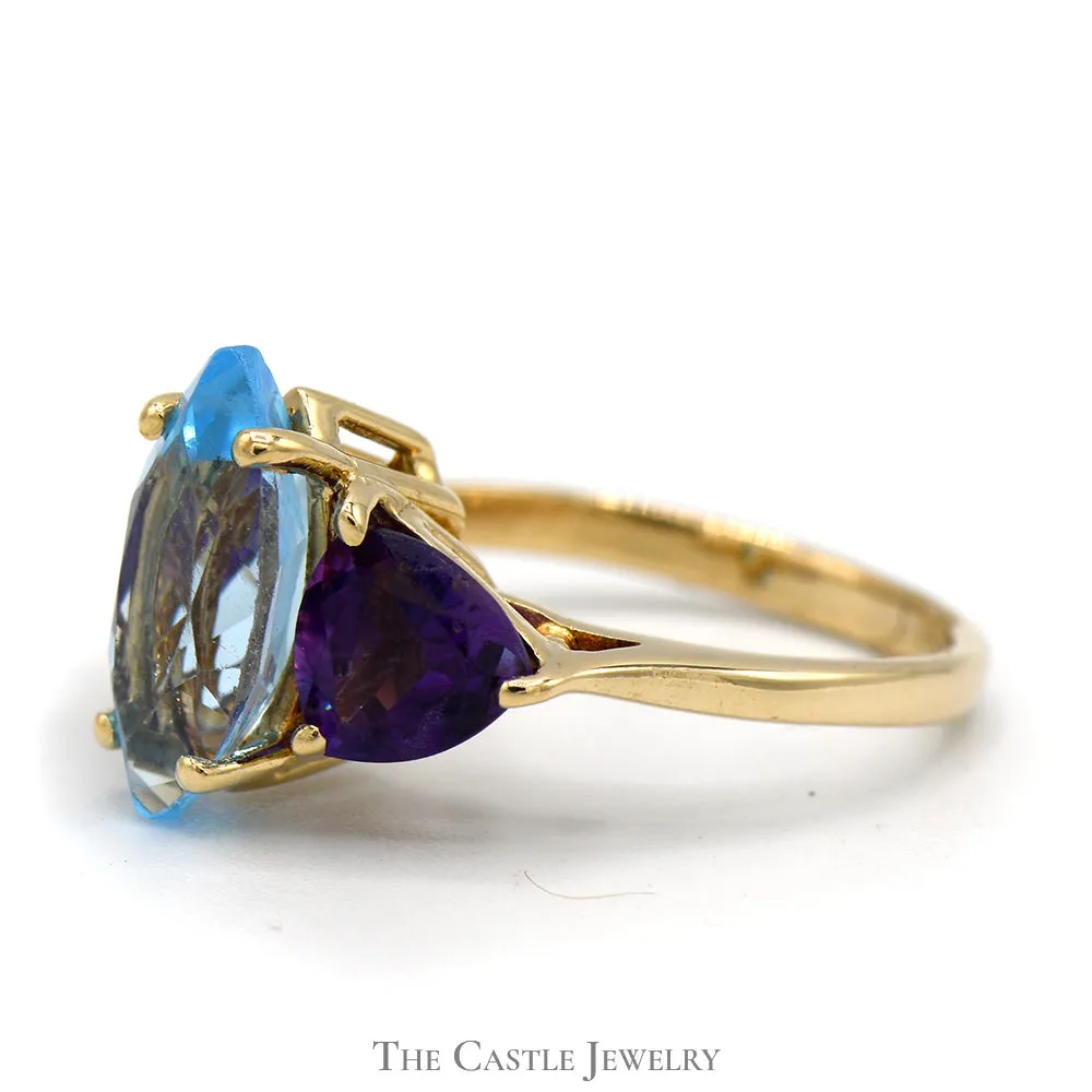 Marquise Shaped Blue Topaz Ring with Trillion Cut Amethyst Accents in 14k Yellow Gold