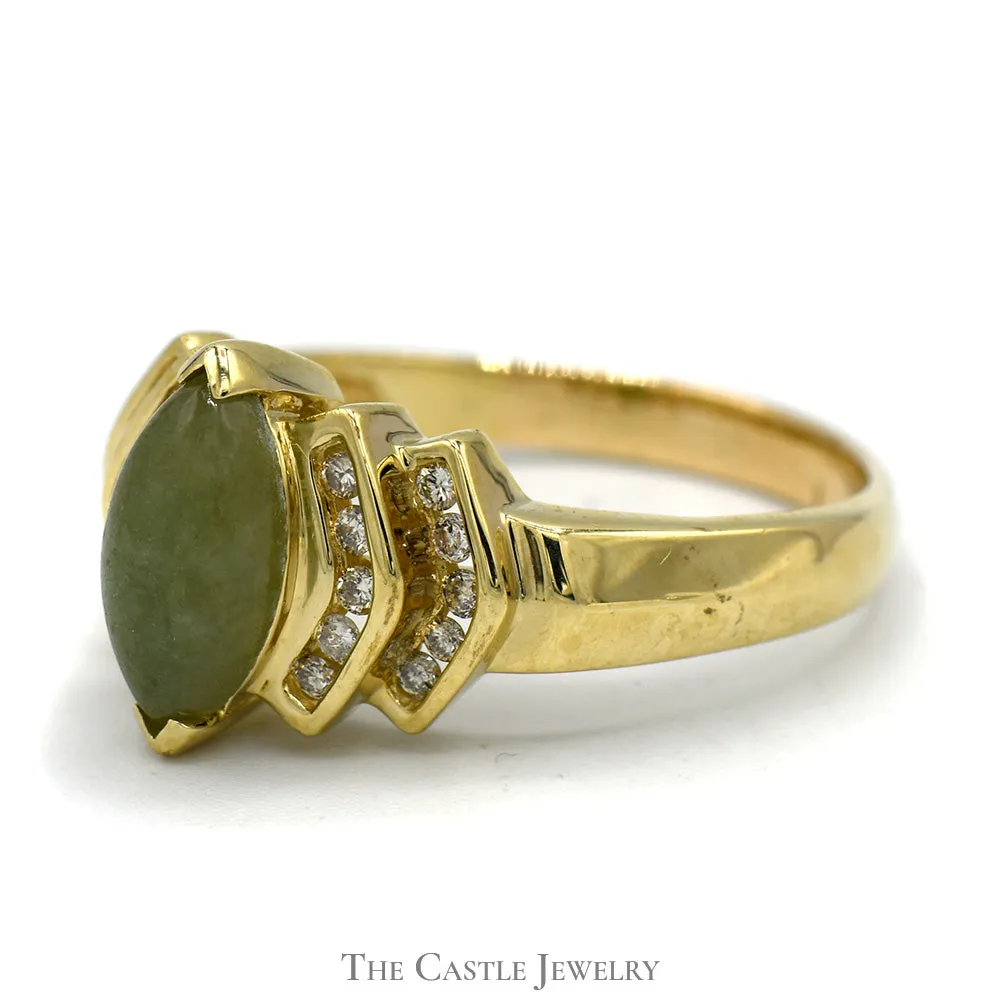 Marquise Shaped Jade Ring with Channel Set Diamond Accents in 14k Yellow Gold