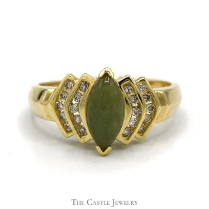 Marquise Shaped Jade Ring with Channel Set Diamond Accents in 14k Yellow Gold