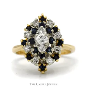 Marquise Shaped Sapphire & Diamond Cluster Ring in 14k Yellow Gold