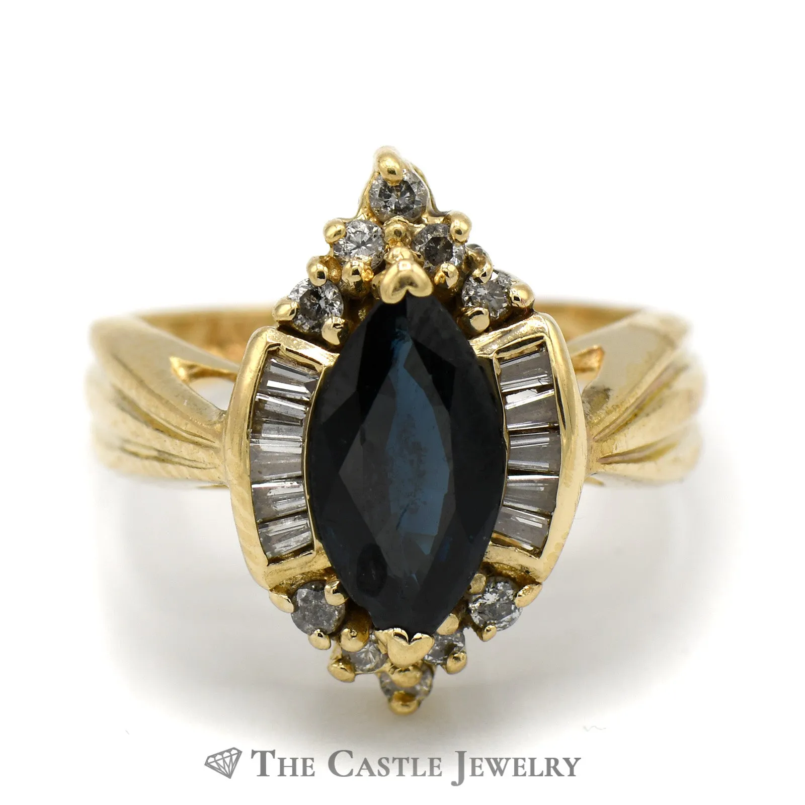 Marquise Shaped Sapphire Ring with Baguette and Round Diamond Accents in 14k Yellow Gold