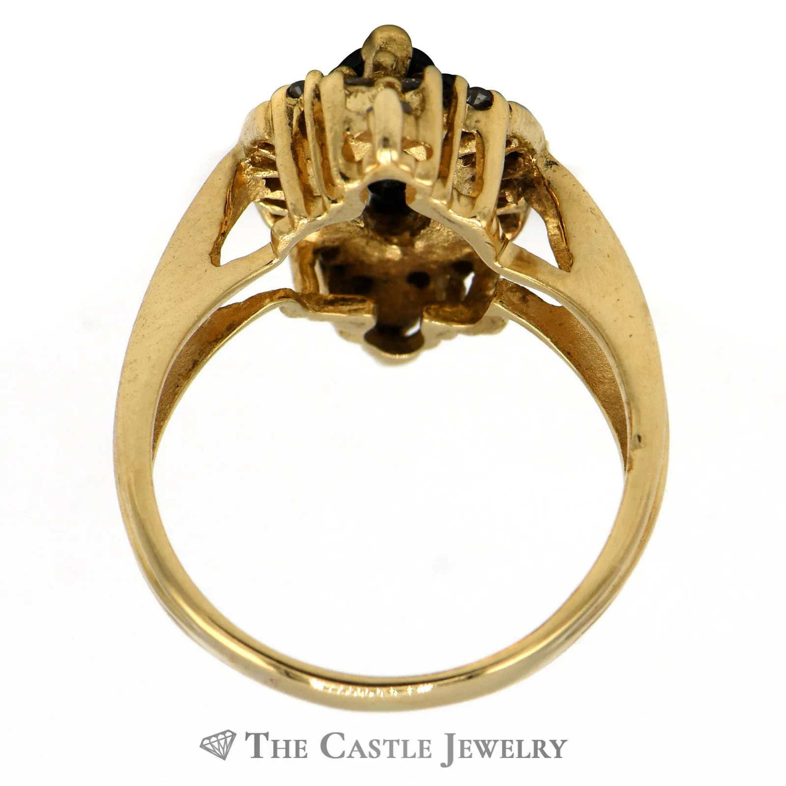Marquise Shaped Sapphire Ring with Baguette and Round Diamond Accents in 14k Yellow Gold