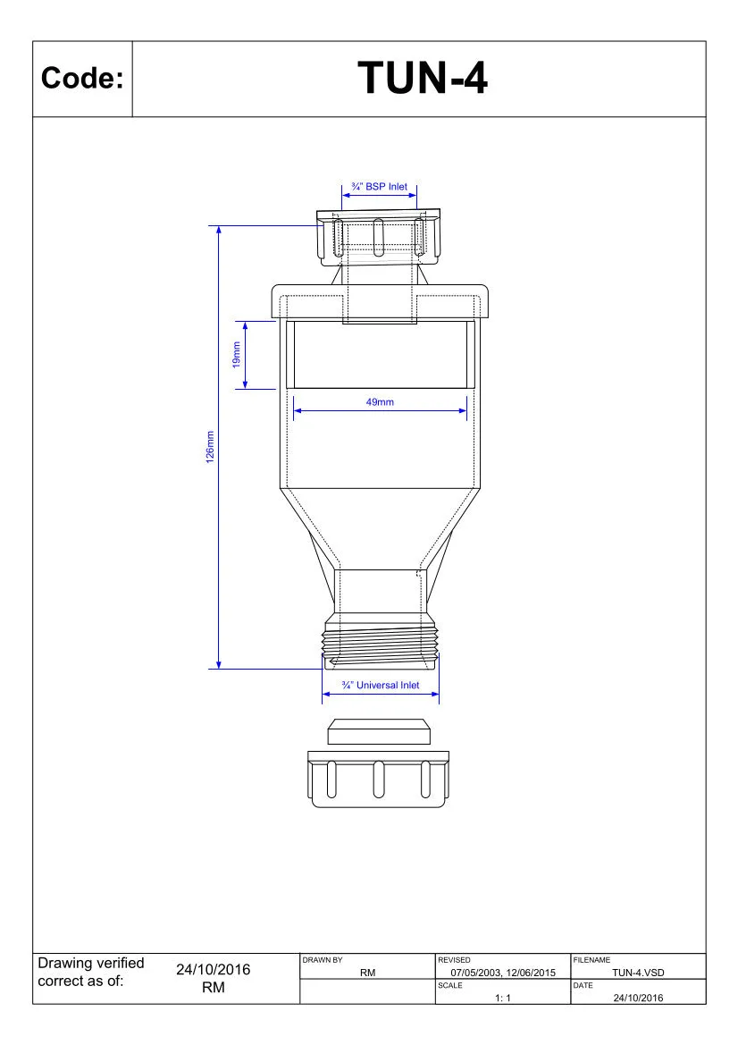 McAlpine TUN-4 One Piece Top Inlet Tun Dish with ¾" BSP Inlet x 19/23mm Universal Outlet