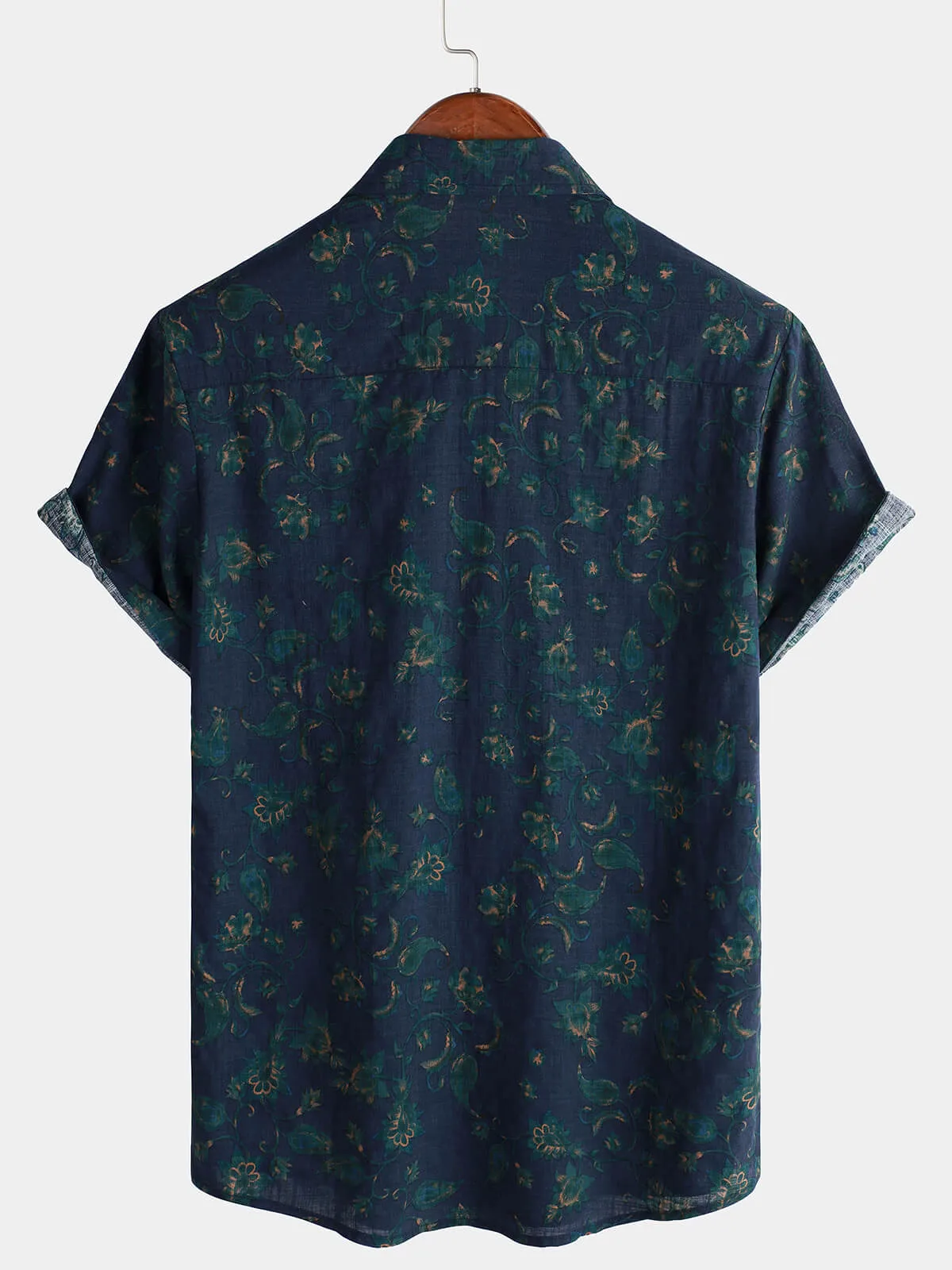 Men's Blue Floral Holiday Casual Pocket Short Sleeve Button Up Shirt