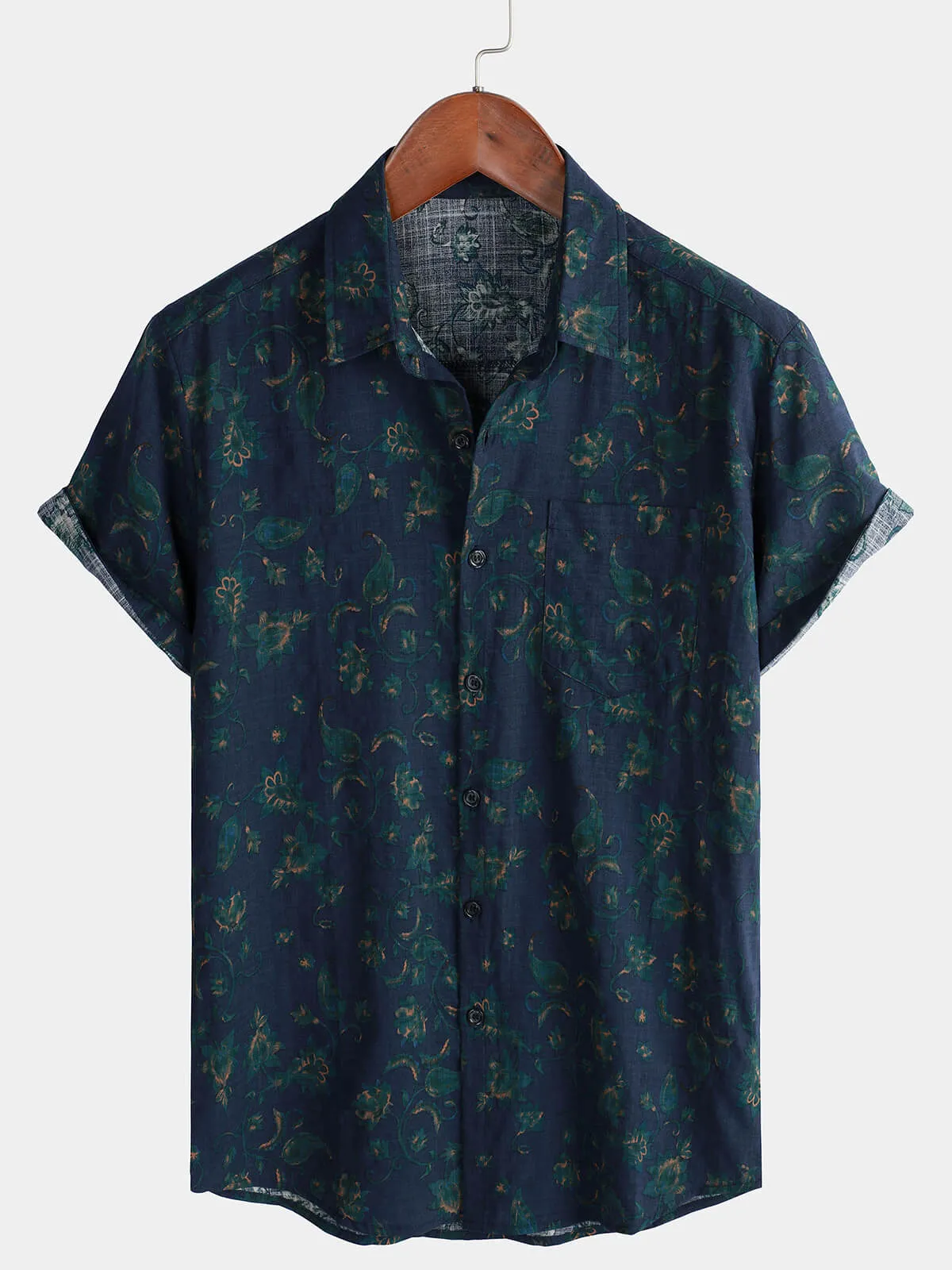 Men's Blue Floral Holiday Casual Pocket Short Sleeve Button Up Shirt