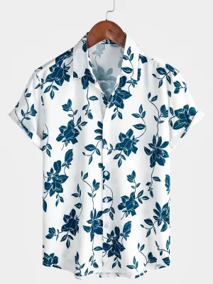 Men's Blue Floral Summer Holiday Button Up Short Sleeve Shirt
