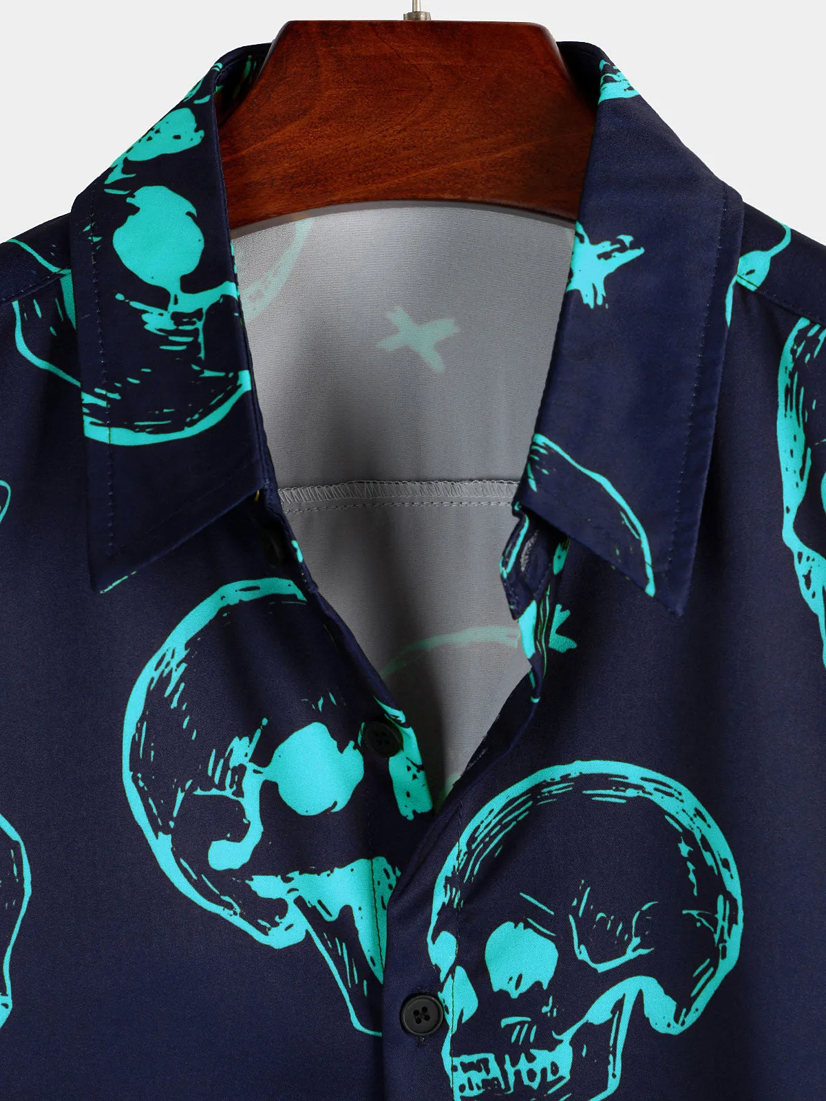 Men's Blue Skull Print Art Graphic Button Short Sleeve Aloha Hawaiian Shirt
