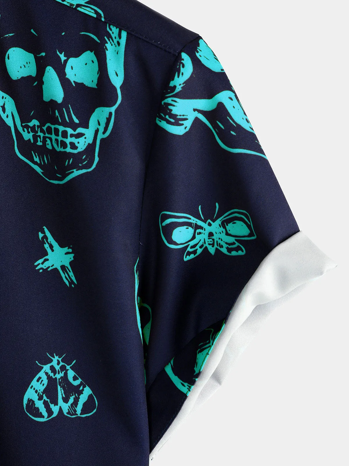 Men's Blue Skull Print Art Graphic Button Short Sleeve Aloha Hawaiian Shirt
